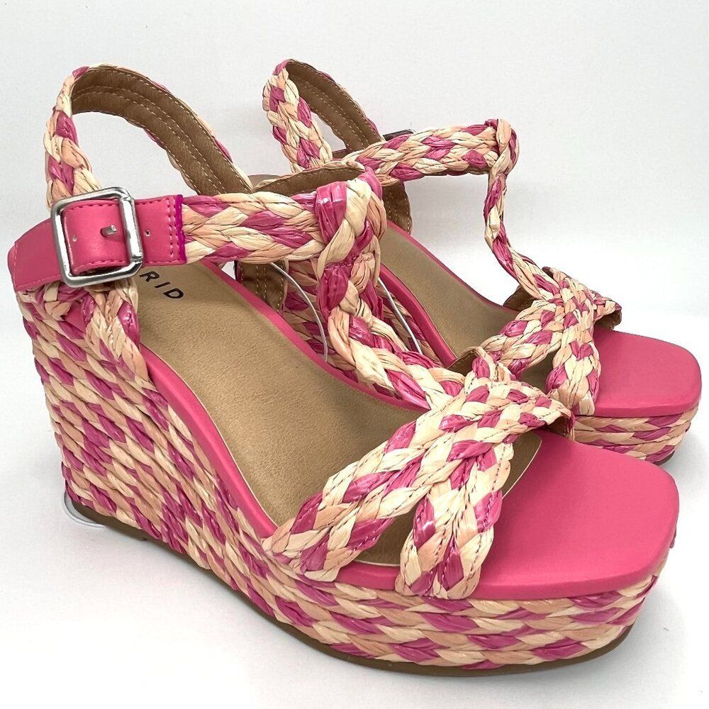 New Torrid Pink & Tan T-Strap Platform Raffia Wedge - Size 8WW